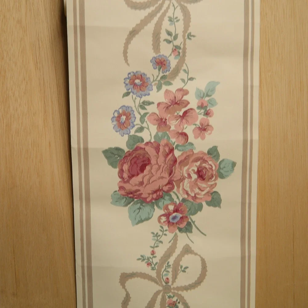 Vintage Floral Wallpaper Border Pink Rose Blue Flower Bow 70ft x 7in Cottagecore
